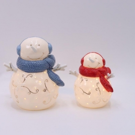 CERAMIC CHRISTMAS SNOWMAN BLUE AND RED WITH LED LIGHT